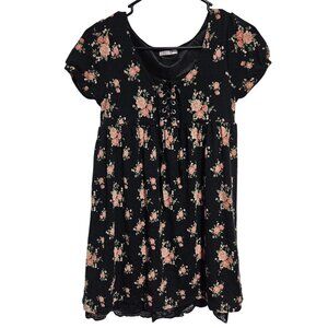 Colza Empire Waist Dress Womens Size Medium Floral Black Pink Lace Trim